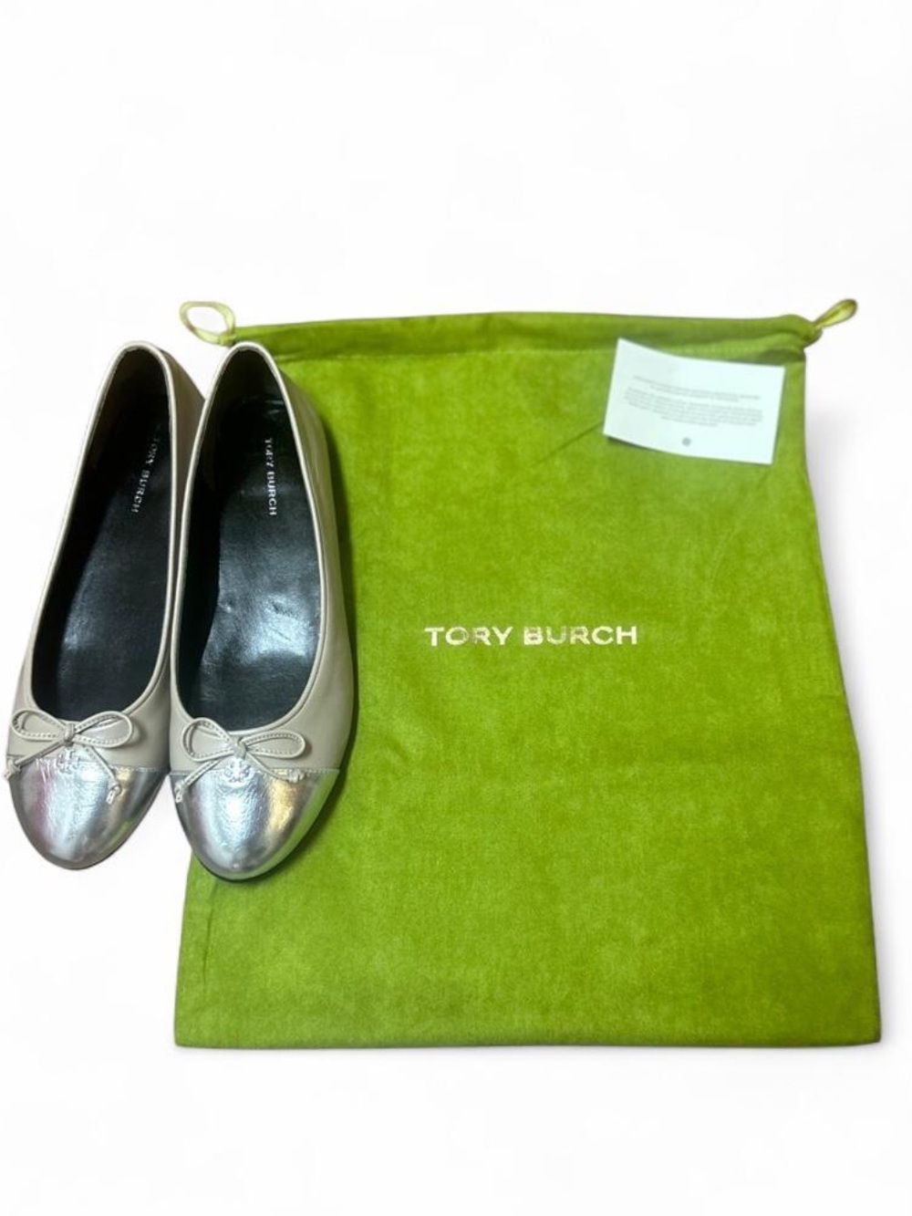 New without box Tory Burch Silver/oyster Cap Toe Ballet Flats. 6.5